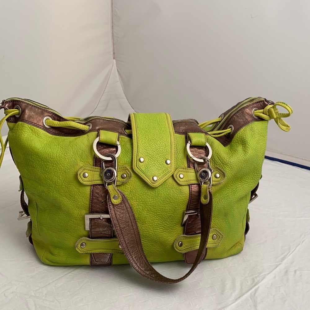 Gustto lime green and bronze large leather tote